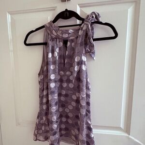 White House Black Market Soft Gray Polka Dot Sleeveless Tie-Neck Blouse | Size S